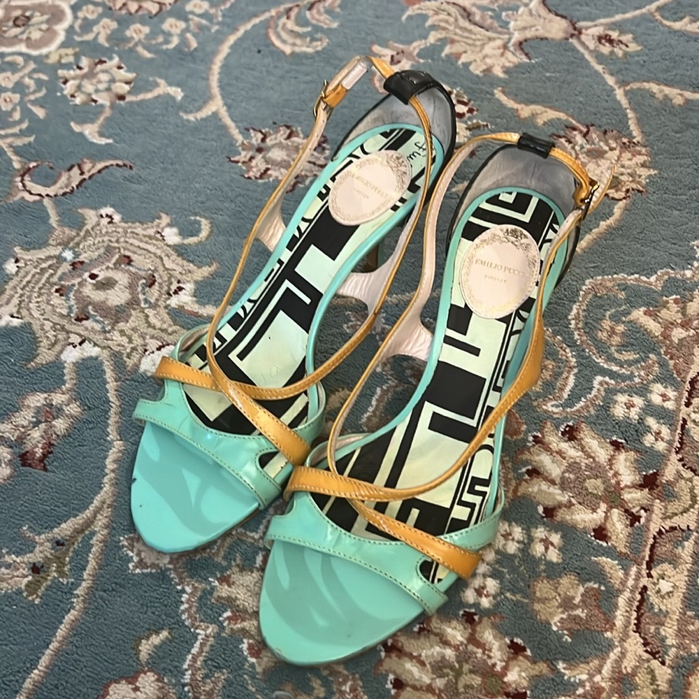 Emilio Pucci sandals - size 36.5 - multicolor Tiffany blue/mustard yellow/black
